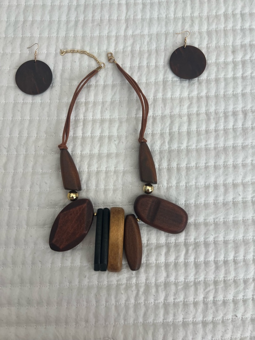Wood Bead Statement Necklace & Earrings Set - Brown